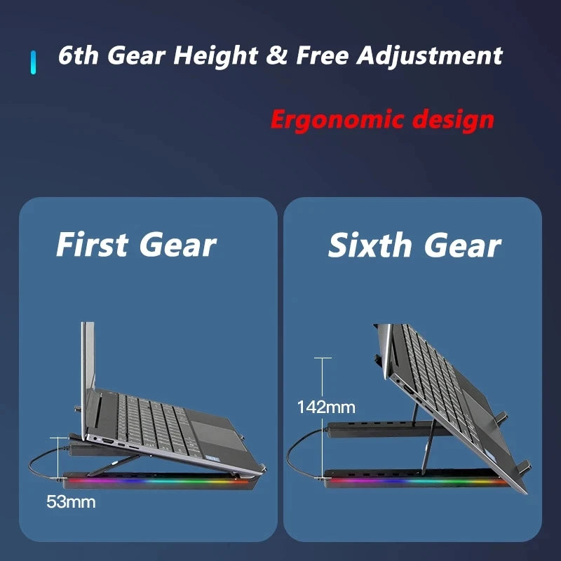 RGB Laptop Stand Adjustable 6 Gear Height Heat Dissipation USB Type-c Hub Ergonomic Notebook Holder for MacBook Tablet Phone